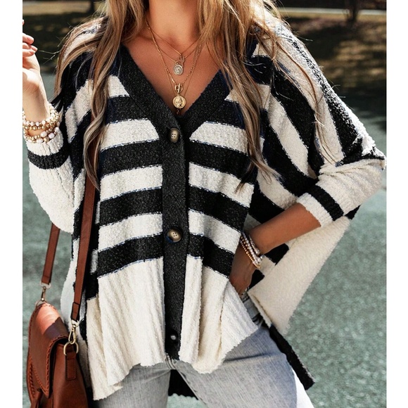 Cozy Color block Striped Button Down Oversized High Low Cardigan - Picture 3 of 11